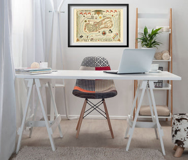 Key West 1940s Map print framed above a white desk in a home office