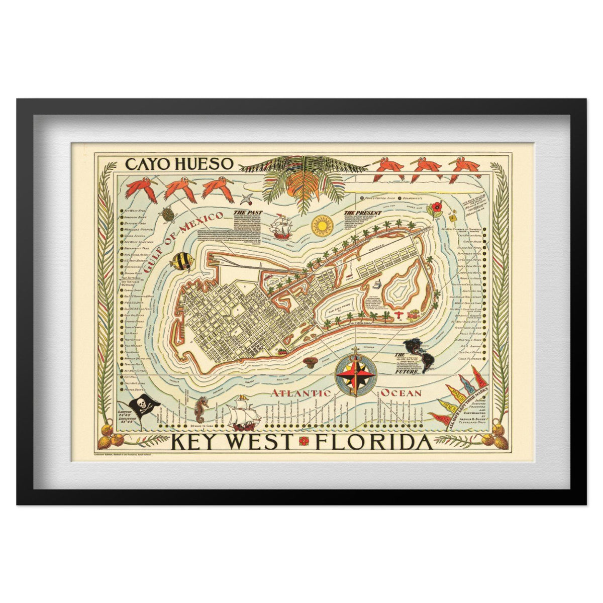 Key West 1940s Map print in a black frame with a white mat
