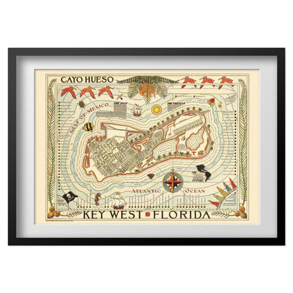 Key West 1940s Map print in a black frame with a white mat
