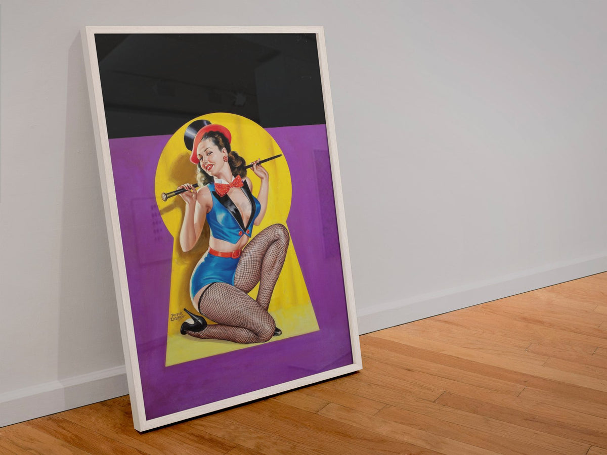 Keyhole Dancer poster in a white frame leaning against a wall