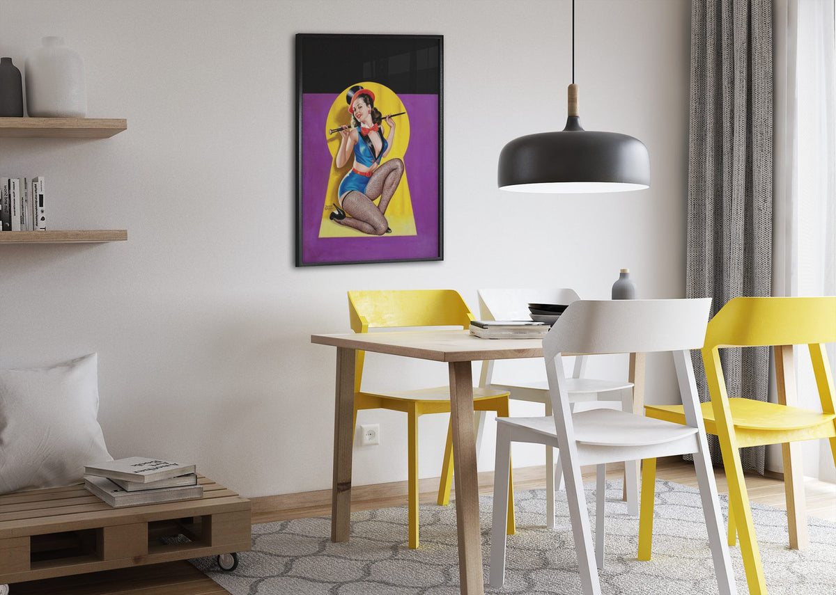 Keyhole Dancer poster framed above a dining table
