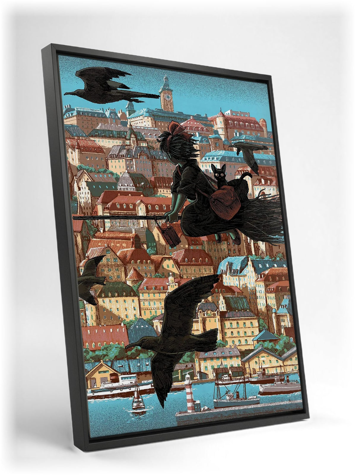 Kiki's Delivery Service Koriko Town Illustrated Art as a black floater framed canvas leaning against a wall