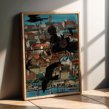 Kiki's Delivery Service Koriko Town Illustrated Art poster in an oak frame leaning on a wooden floor