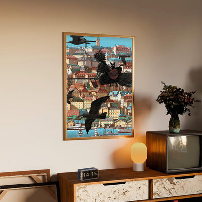 Kiki's Delivery Service Koriko Town Illustrated Art poster in an oak frame above a sideboard
