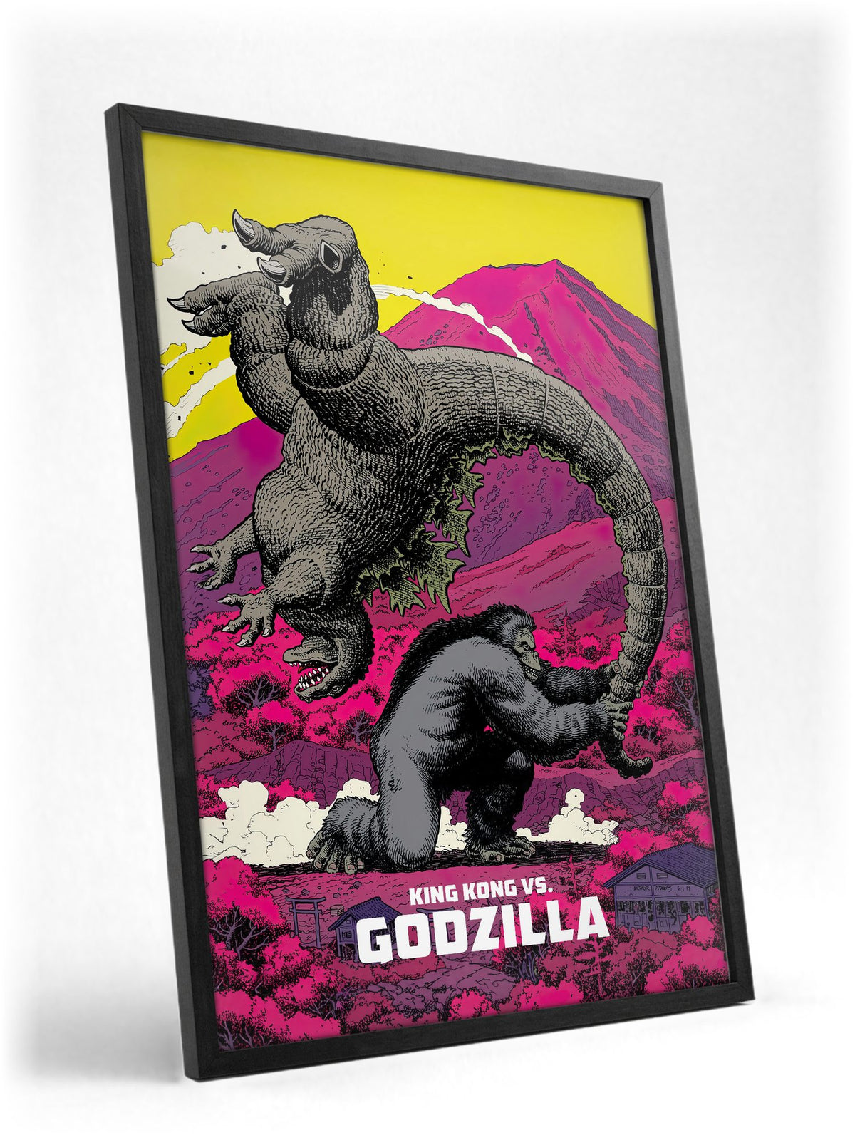 King Kong vs. Godzilla (1962) Movie Pop Art poster in a black frame with glass leaning against a wall