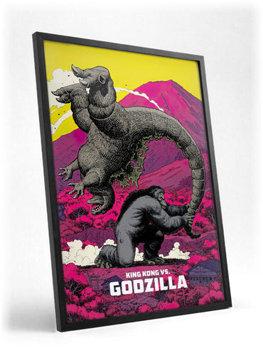 King Kong vs. Godzilla (1962) Movie Pop Art poster in a black frame with glass leaning against a wall