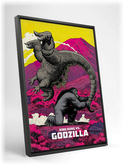 King Kong vs. Godzilla (1962) Movie Pop Art as a black floater framed canvas leaning against a wall