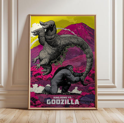 King Kong vs. Godzilla (1962) Movie Pop Art poster in a light oak frame leaning against a white wall