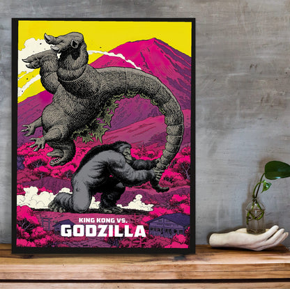 King Kong vs. Godzilla (1962) Movie Pop Art poster in a black frame on a wooden shelf against concrete