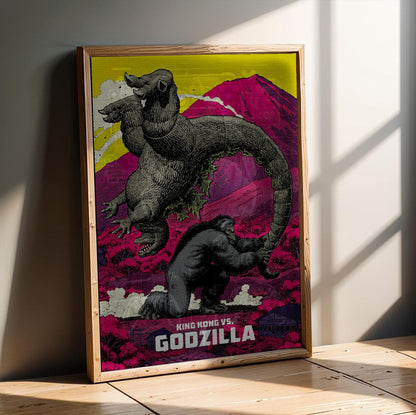 King Kong vs. Godzilla (1962) Movie Pop Art poster in an oak frame leaning on a wooden floor