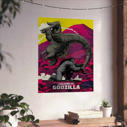 King Kong vs. Godzilla (1962) Movie Pop Art poster unframed on a white wall above a desk