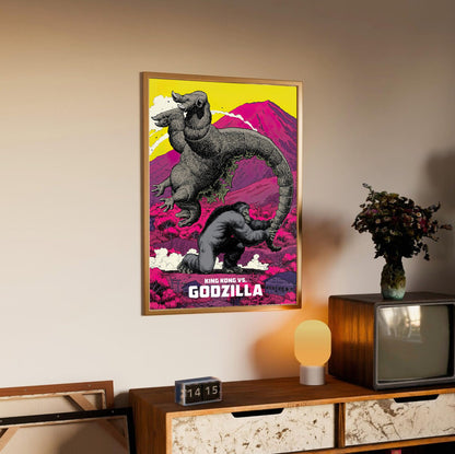 King Kong vs. Godzilla (1962) Movie Pop Art poster in an oak frame above a sideboard