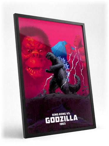 King Kong vs. Godzilla (1963) Movie Red Pop Art poster in a black frame with glass leaning against a wall