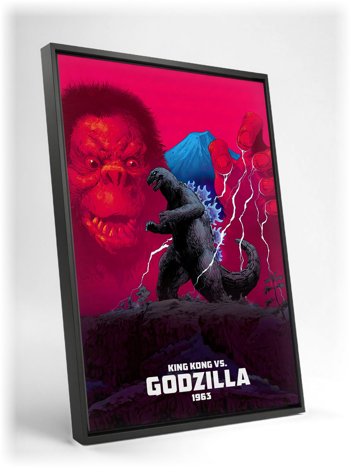 King Kong vs. Godzilla (1963) Movie Red Pop Art as a black floater framed canvas leaning against a wall