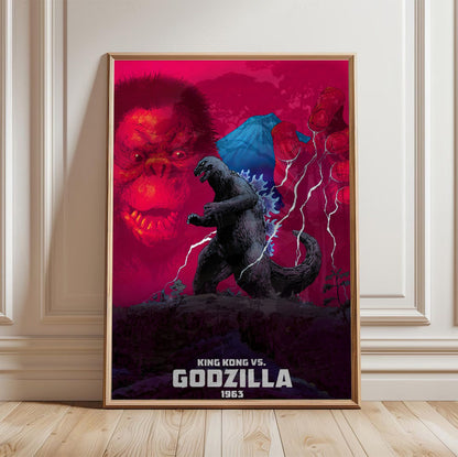 King Kong vs. Godzilla (1963) Movie Red Pop Art poster in a light oak frame leaning against a white wall
