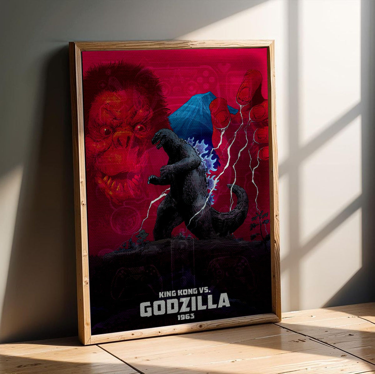 King Kong vs. Godzilla (1963) Movie Red Pop Art poster in an oak frame leaning on a wooden floor