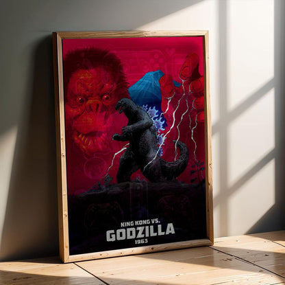 King Kong vs. Godzilla (1963) Movie Red Pop Art poster in an oak frame leaning on a wooden floor