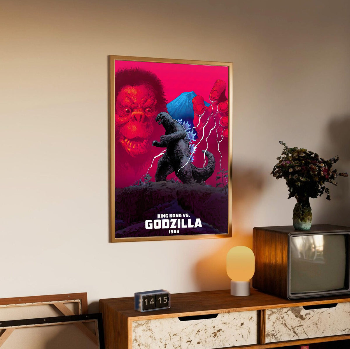 King Kong vs. Godzilla (1963) Movie Red Pop Art poster in an oak frame above a sideboard