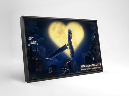 Kingdom Hearts 20th Anniversary Art as a black floater framed canvas leaning against a wall