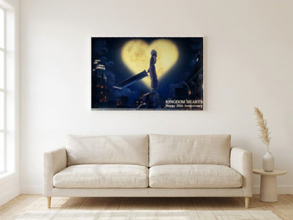 Kingdom Hearts 20th Anniversary Art poster in a white frame in a living room