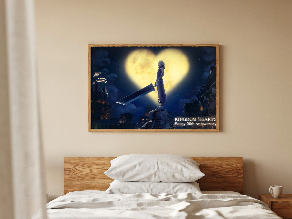 Kingdom Hearts 20th Anniversary Art poster in a natural oak frame in a bedroom
