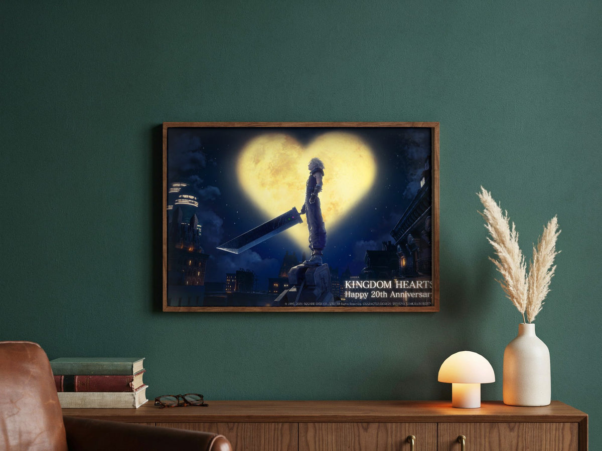 Kingdom Hearts 20th Anniversary Art poster in a dark walnut frame in a green study