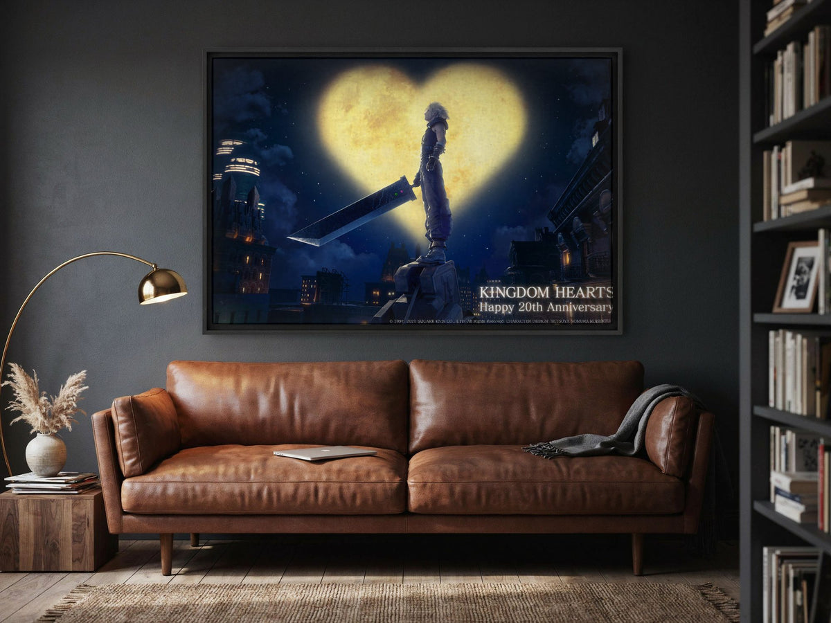Kingdom Hearts 20th Anniversary Art as a black floater framed canvas in a media room