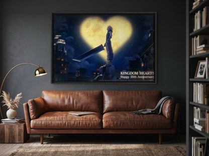 Kingdom Hearts 20th Anniversary Art as a black floater framed canvas in a media room