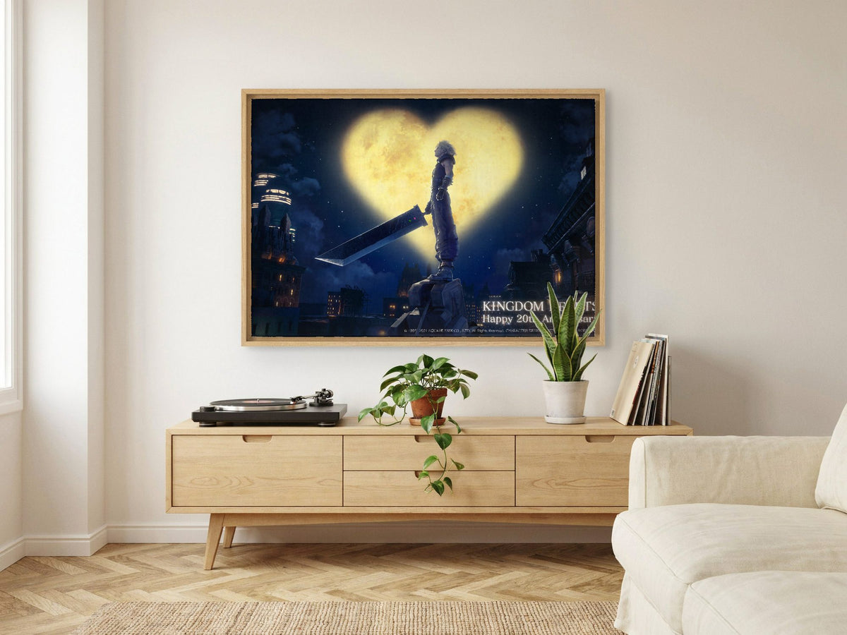 Kingdom Hearts 20th Anniversary Art as an oak floater framed canvas in a Scandinavian lounge