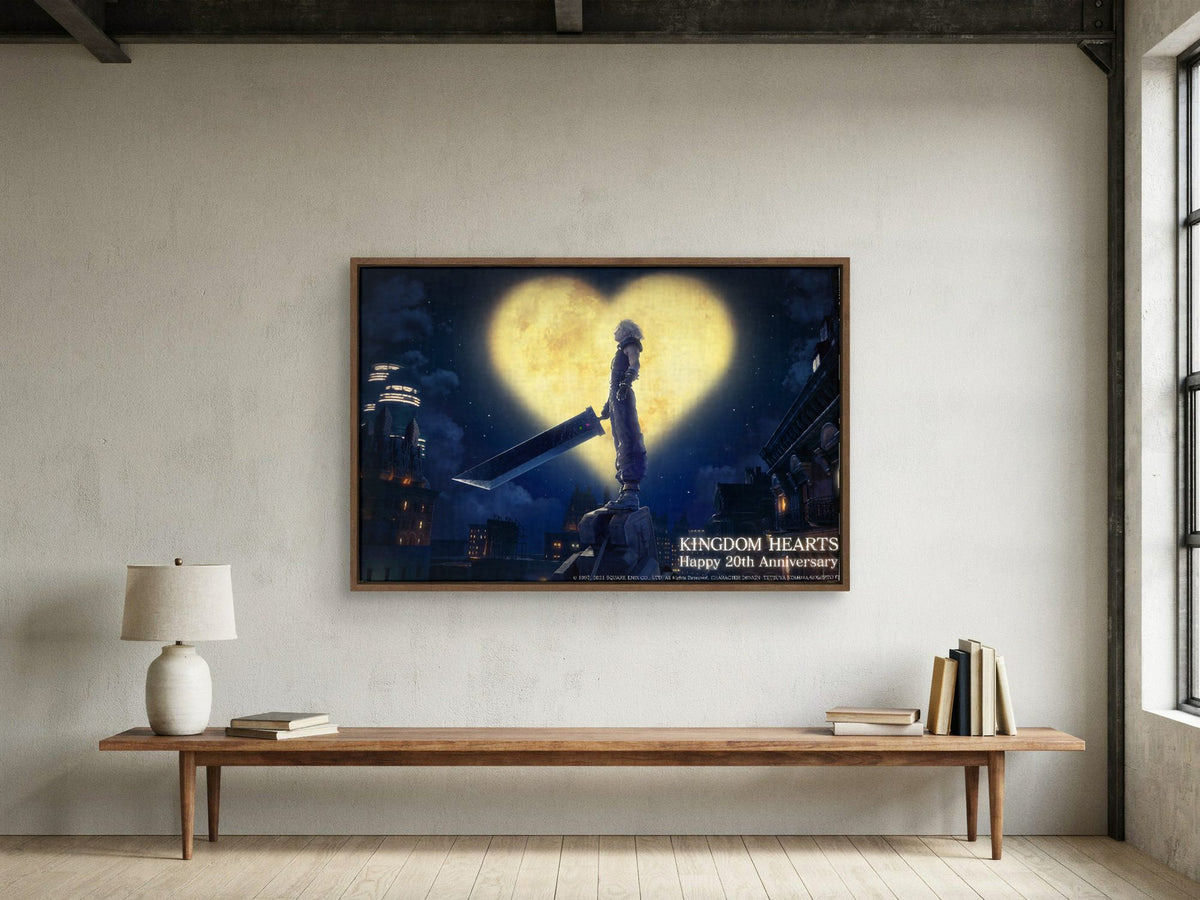Kingdom Hearts 20th Anniversary Art as a walnut floater framed canvas in a loft