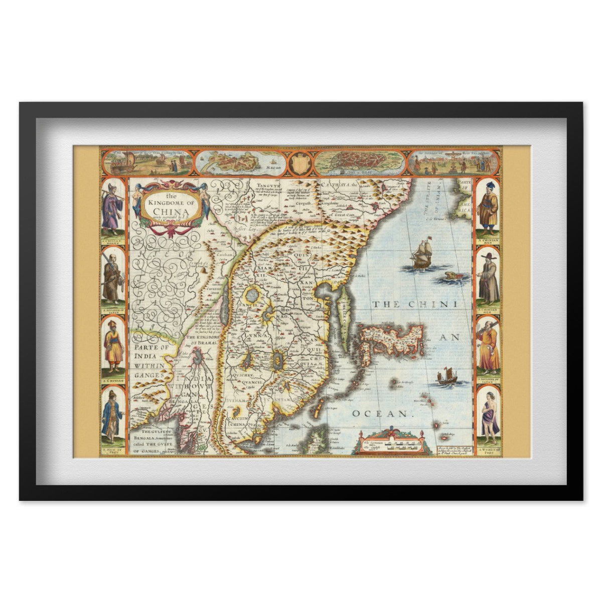 Kingdom of China 1626 Map print in a black frame with a white mat