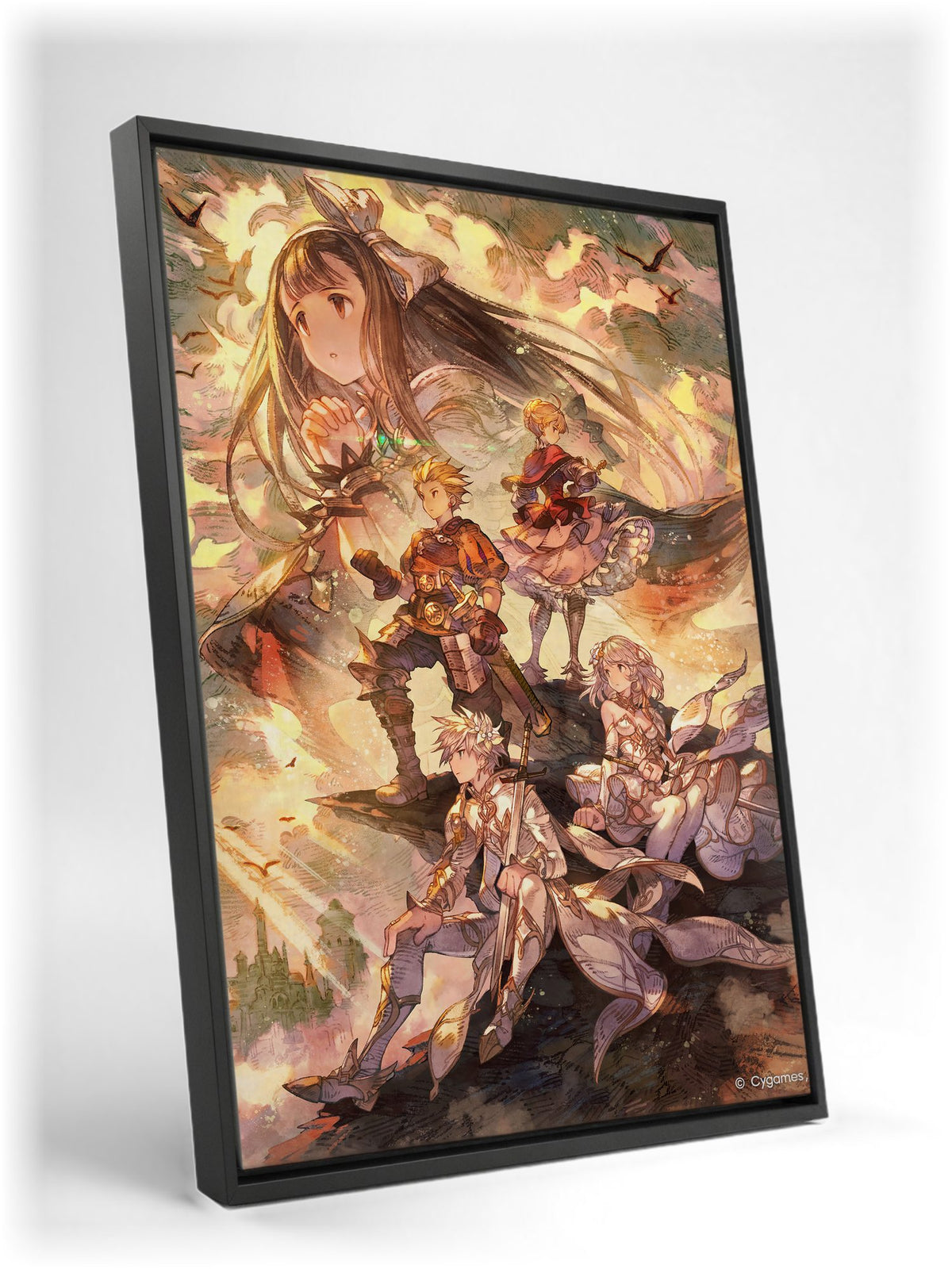 Knights of Glory Illustration Art as a black floater framed canvas leaning against a wall