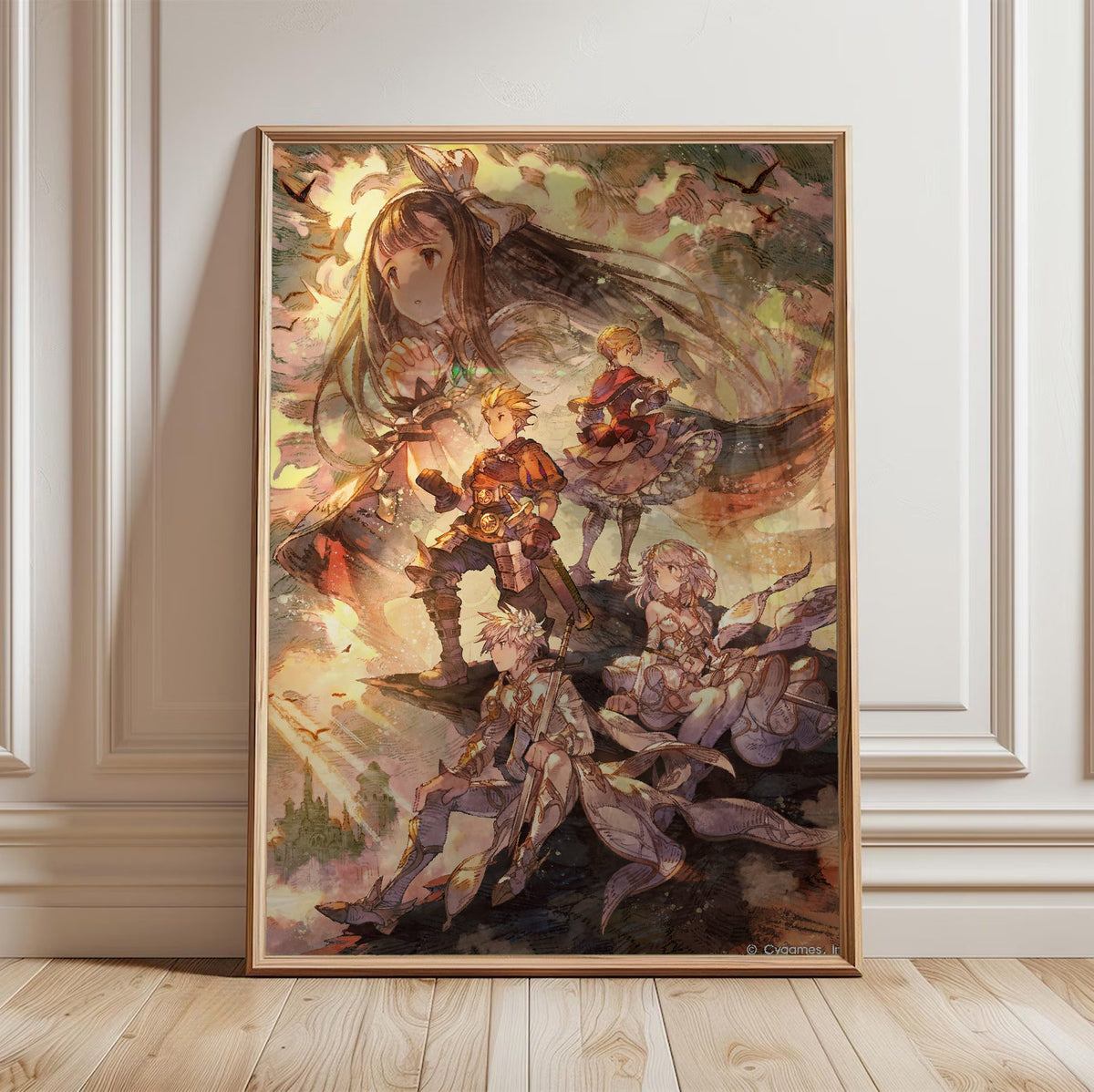 Knights of Glory Illustration Art poster in a light oak frame leaning against a white wall