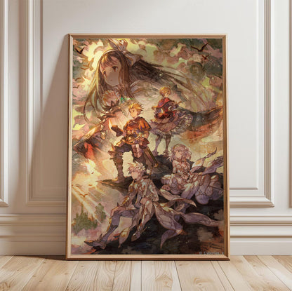 Knights of Glory Illustration Art poster in a light oak frame leaning against a white wall