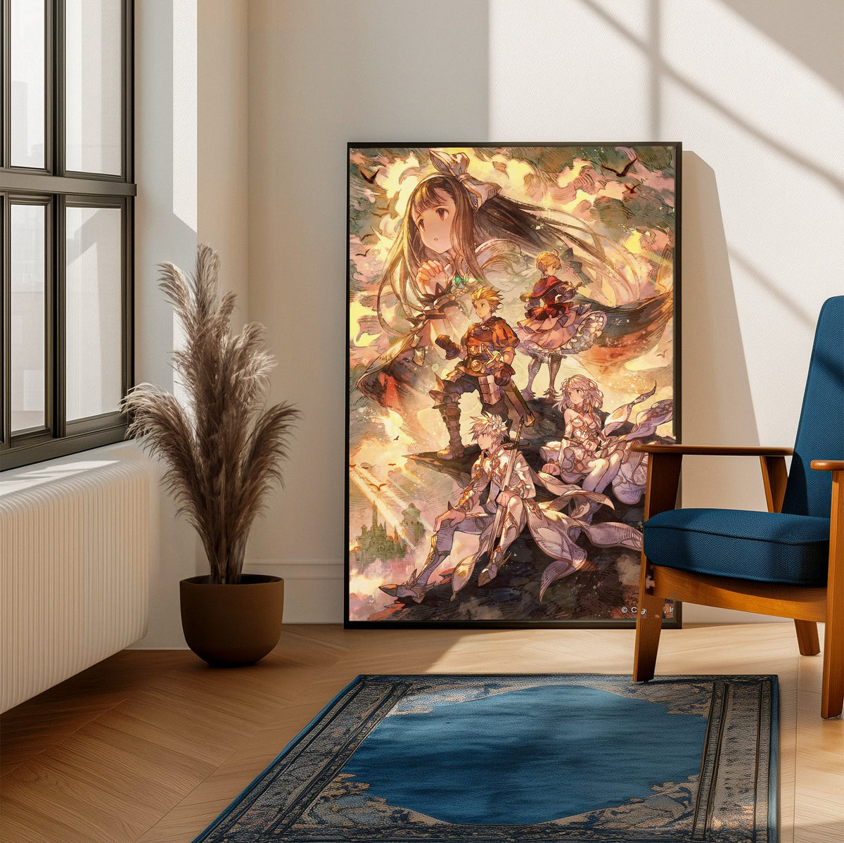 Knights of Glory Illustration Art poster framed beside a blue armchair in a sunlit room