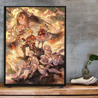 Knights of Glory Illustration Art poster in a black frame on a wooden shelf against concrete