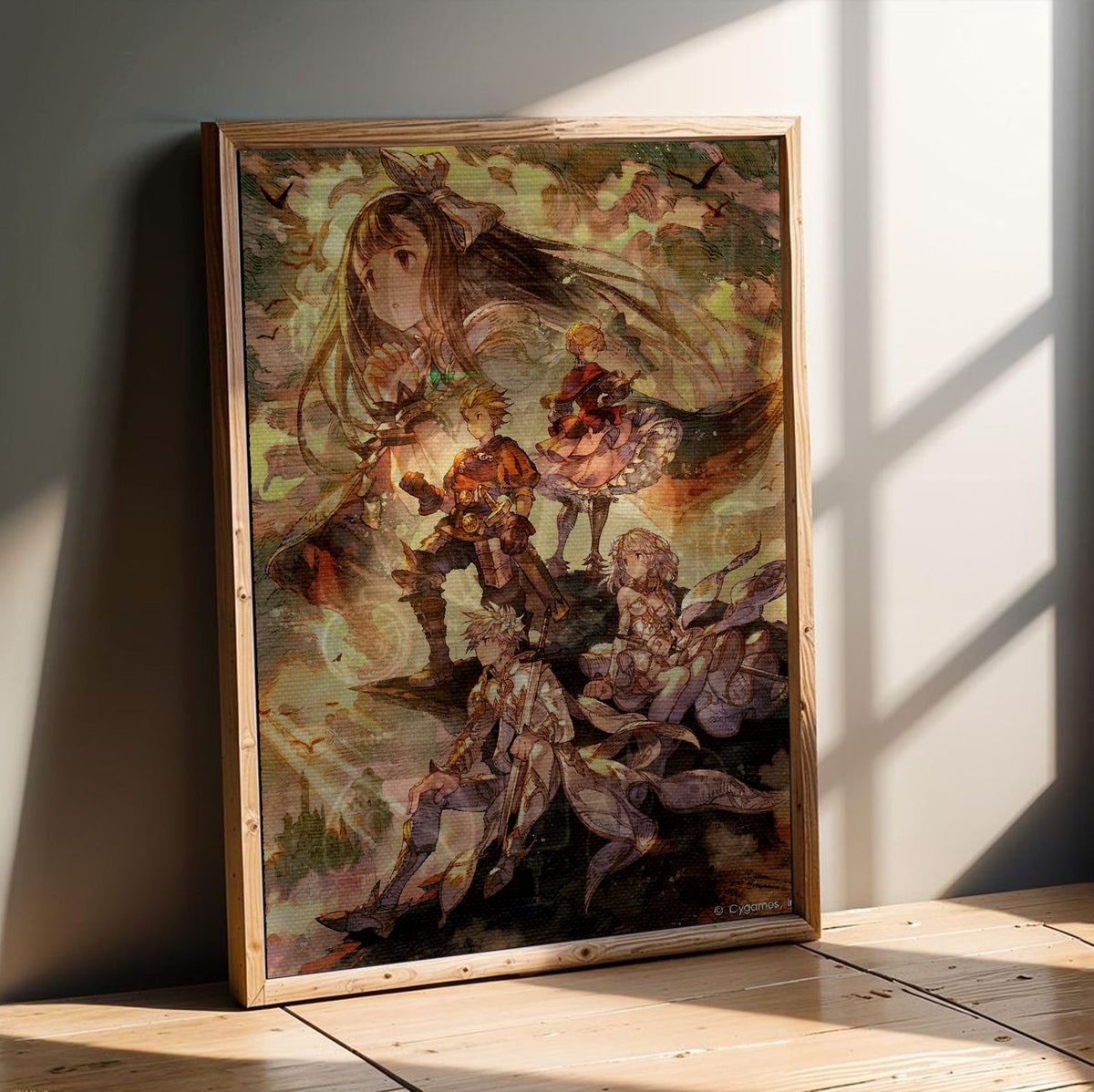 Knights of Glory Illustration Art poster in an oak frame leaning on a wooden floor