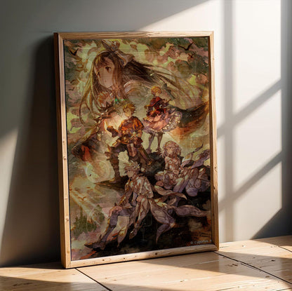 Knights of Glory Illustration Art poster in an oak frame leaning on a wooden floor