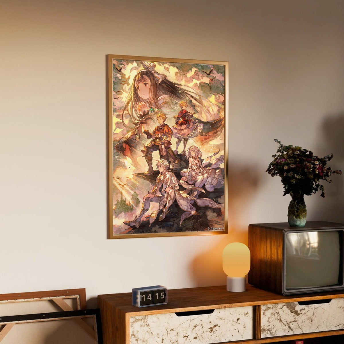 Knights of Glory Illustration Art poster in an oak frame above a sideboard