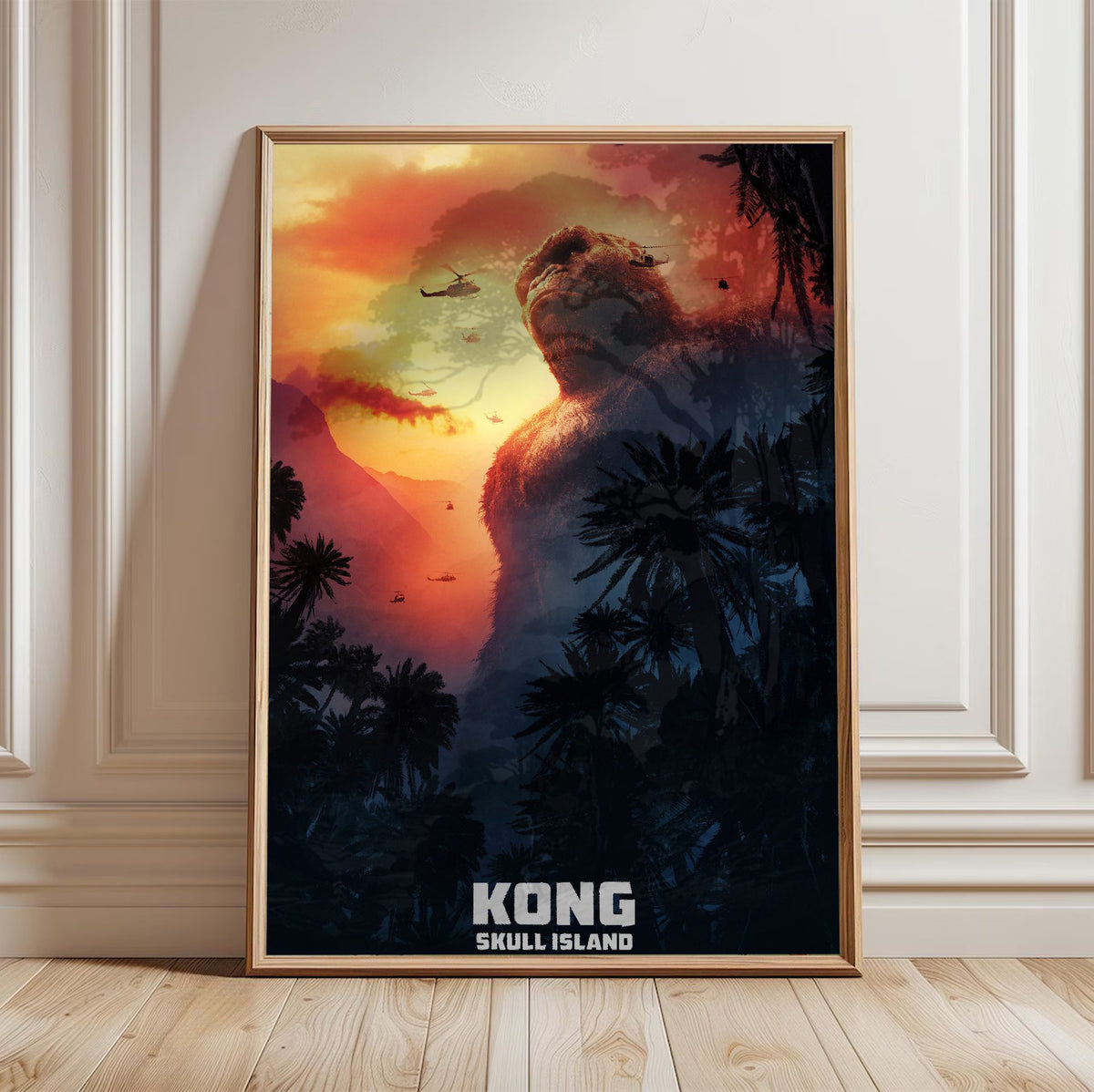 Kong: Skull Island (2017) Movie Key Art poster in a light oak frame leaning against a white wall
