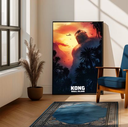 Kong: Skull Island (2017) Movie Key Art poster framed beside a blue armchair in a sunlit room