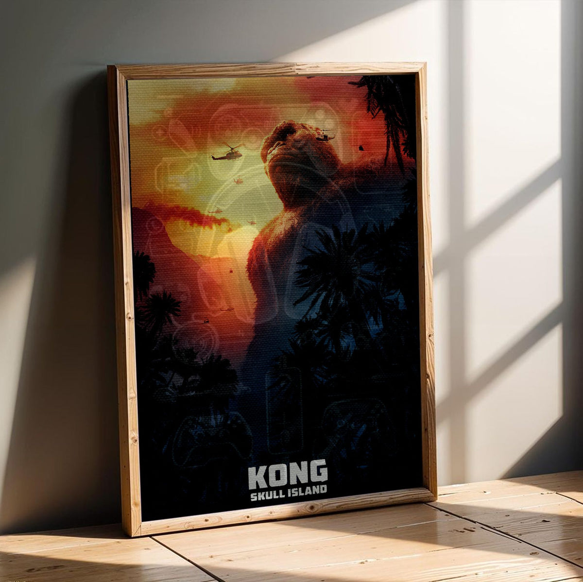 Kong: Skull Island (2017) Movie Key Art poster in an oak frame leaning on a wooden floor