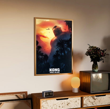 Kong: Skull Island (2017) Movie Key Art poster in an oak frame above a sideboard