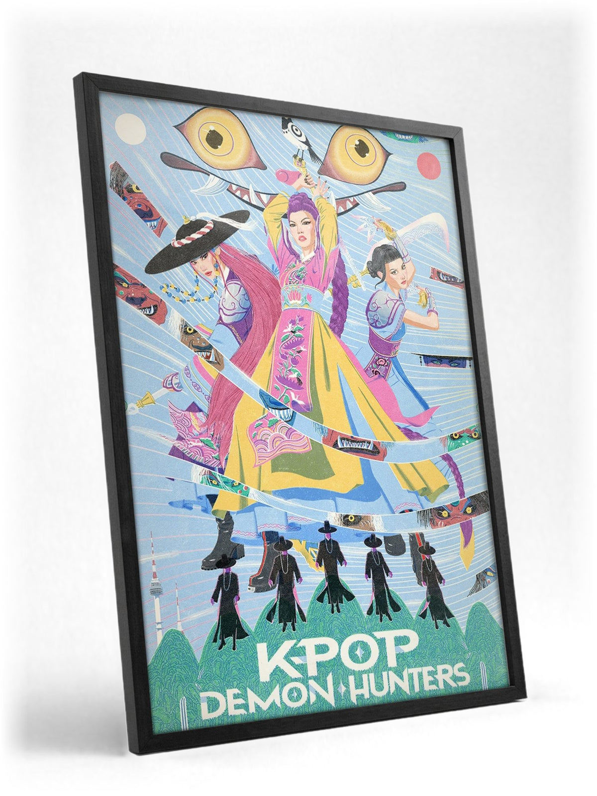 KPop Demon Hunters (2025) Movie Folk Art Illustrated poster in a black frame with glass leaning against a wall