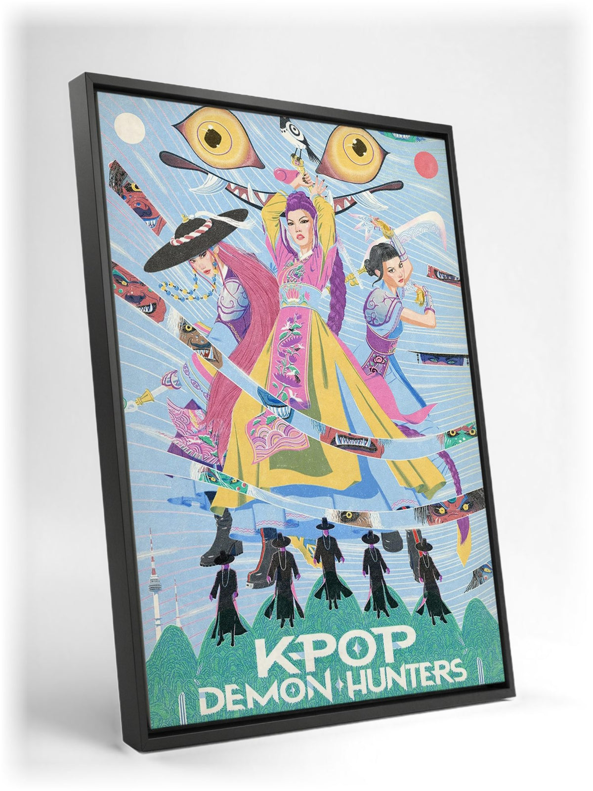 KPop Demon Hunters (2025) Movie Folk Art Illustrated as a black floater framed canvas leaning against a wall