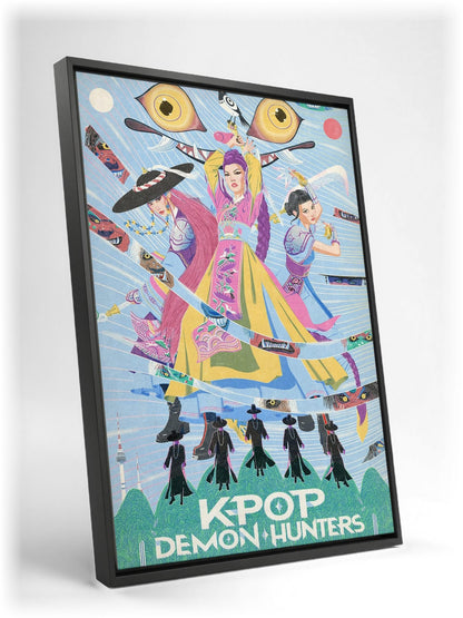 KPop Demon Hunters (2025) Movie Folk Art Illustrated as a black floater framed canvas leaning against a wall