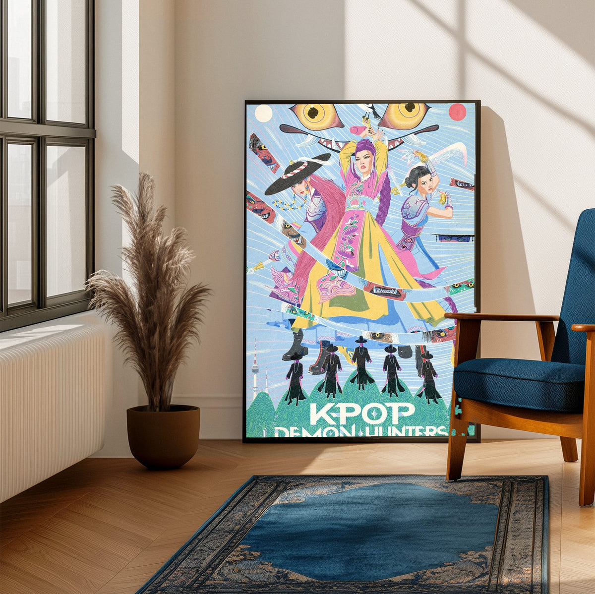 KPop Demon Hunters (2025) Movie Folk Art Illustrated poster framed beside a blue armchair in a sunlit room