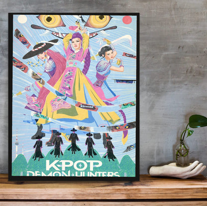 KPop Demon Hunters (2025) Movie Folk Art Illustrated poster in a black frame on a wooden shelf against concrete