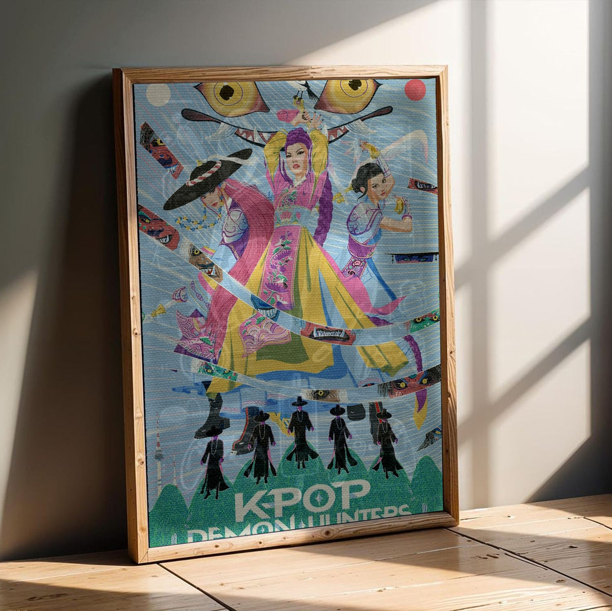 KPop Demon Hunters (2025) Movie Folk Art Illustrated poster in an oak frame leaning on a wooden floor