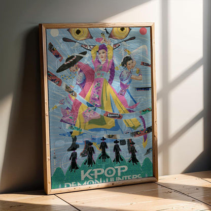 KPop Demon Hunters (2025) Movie Folk Art Illustrated poster in an oak frame leaning on a wooden floor